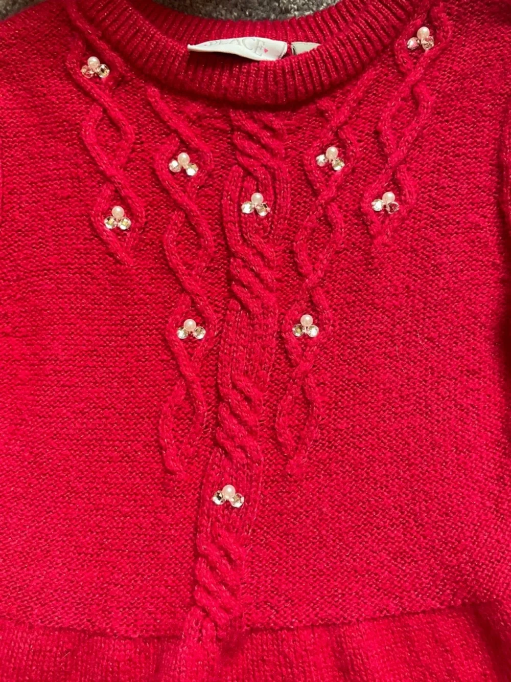 Children's Place Red Knit Long-Sleeve Flared Sweater Dress Rhinestones Size L